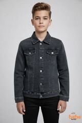 Erkek Çocuk Kot Ceket Jean Mont Rahat Kalıp 9-15 Yaş Günlük Okul Ceketi Mevsimlik Denim Ceket Gri 15 YAŞ