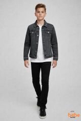 Erkek Çocuk Kot Ceket Jean Mont Rahat Kalıp 9-15 Yaş Günlük Okul Ceketi Mevsimlik Denim Ceket Gri 15 YAŞ