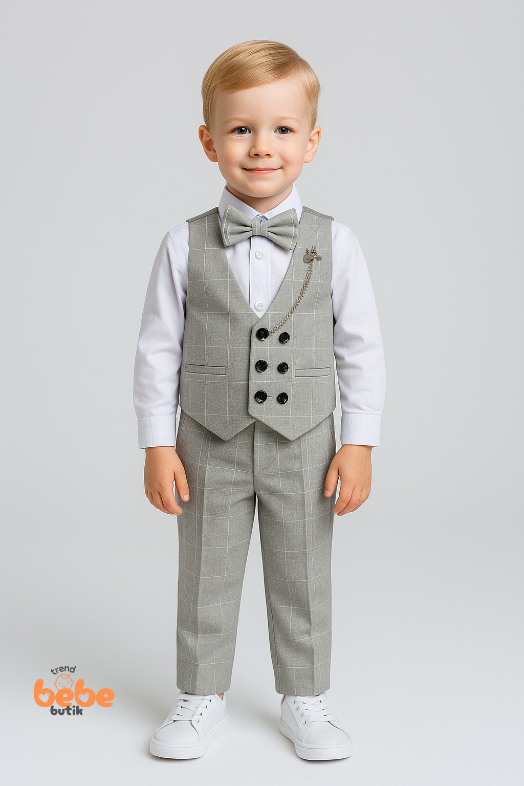 Erkek Çocuk Yelekli Takım Elbise Gri Ekoseli Papyonlu 4’lü Set Düğün, Sünnet, Bayram Kıyafeti 3 YAŞ