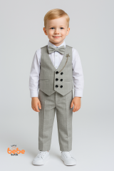 Erkek Çocuk Yelekli Takım Elbise Gri Ekoseli Papyonlu 4’lü Set Düğün, Sünnet, Bayram Kıyafeti 3 YAŞ