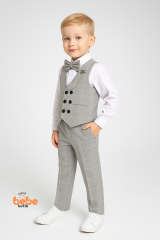 Erkek Çocuk Yelekli Takım Elbise Gri Ekoseli Papyonlu 4’lü Set Düğün, Sünnet, Bayram Kıyafeti 3 YAŞ