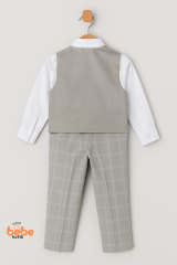 Erkek Çocuk Yelekli Takım Elbise Gri Ekoseli Papyonlu 4’lü Set Düğün, Sünnet, Bayram Kıyafeti 3 YAŞ