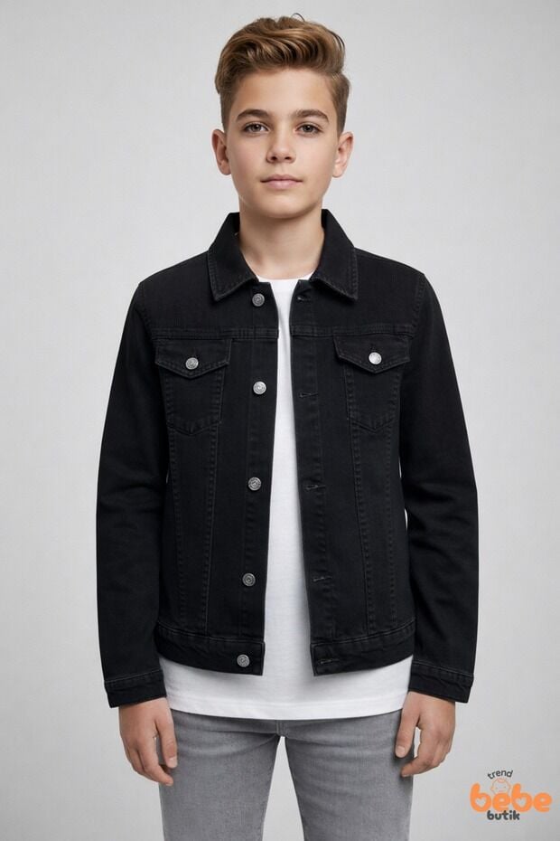 Erkek Çocuk Kot Ceket Jean Mont Rahat Kalıp 9-15 Yaş Günlük Okul Ceketi Mevsimlik Denim Ceket Siyah 15 YAŞ