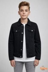 Erkek Çocuk Kot Ceket Jean Mont Rahat Kalıp 9-15 Yaş Günlük Okul Ceketi Mevsimlik Denim Ceket Siyah 15 YAŞ