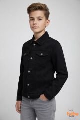 Erkek Çocuk Kot Ceket Jean Mont Rahat Kalıp 9-15 Yaş Günlük Okul Ceketi Mevsimlik Denim Ceket Siyah 15 YAŞ