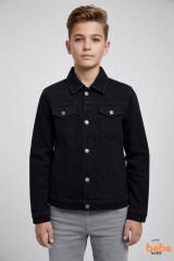 Erkek Çocuk Kot Ceket Jean Mont Rahat Kalıp 9-15 Yaş Günlük Okul Ceketi Mevsimlik Denim Ceket Siyah 15 YAŞ