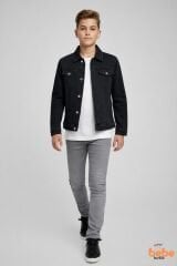 Erkek Çocuk Kot Ceket Jean Mont Rahat Kalıp 9-15 Yaş Günlük Okul Ceketi Mevsimlik Denim Ceket Siyah 15 YAŞ