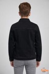 Erkek Çocuk Kot Ceket Jean Mont Rahat Kalıp 9-15 Yaş Günlük Okul Ceketi Mevsimlik Denim Ceket Siyah 15 YAŞ