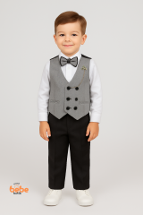 Erkek Çocuk Smokin Takım Elbise Yelekli, Papyonlu, Zincir Detaylı 3’lü Set Gömlek, Pantolon,Yelek 3 YAŞ
