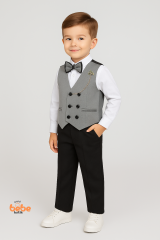 Erkek Çocuk Smokin Takım Elbise Yelekli, Papyonlu, Zincir Detaylı 3’lü Set Gömlek, Pantolon,Yelek 3 YAŞ