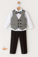 Erkek Çocuk Smokin Takım Elbise Yelekli, Papyonlu, Zincir Detaylı 3’lü Set Gömlek, Pantolon,Yelek 3 YAŞ