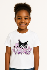 Kuromi Karakter Baskılı Kız Çocuk Tişörtü Pamuklu,Yazlık, Renkli Günlük Üst Rahat Kalıp Basic Tişört Beyaz