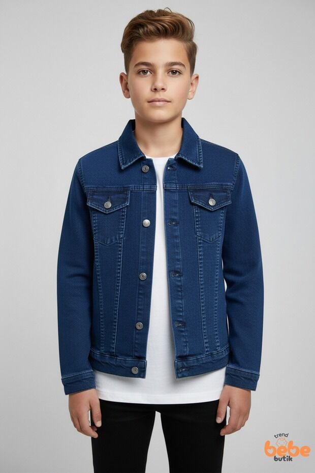 Erkek Çocuk Kot Ceket Jean Mont Rahat Kalıp 9-15 Yaş Günlük Okul Ceketi Mevsimlik Denim Ceket Lacivert 15 YAŞ