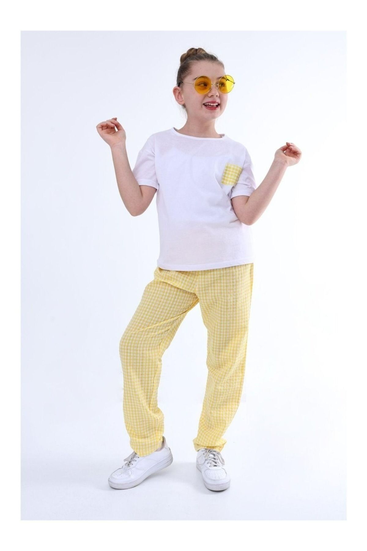 Ekose Desenli Kız Çocuk Pijama Takımı 2'Li Alt Üst Eşofman Takımı Günlük ve Ev Giyim Kısa Kollu SARI - 14 YAŞ