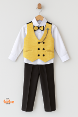 Erkek Çocuk Smokin Takım Elbise Yelekli, Papyonlu, Zincir Detaylı 3’lü Set Gömlek, Pantolon,Yelek 4 YAŞ