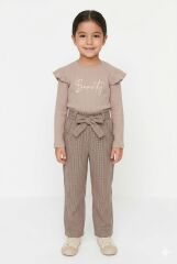 Kız Çocuk Bej Ribana Fırfırlı Üst & Kemerli Pantolon Eşofman Takımı %100 Pamuk 4-5 Yaş