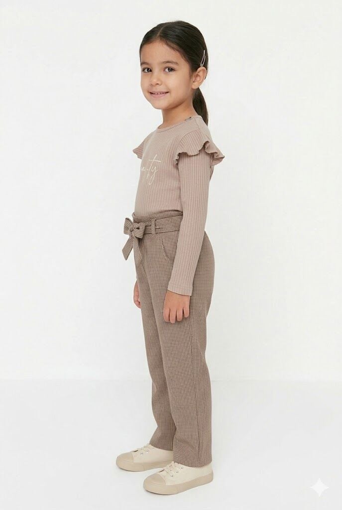 Kız Çocuk Bej Ribana Fırfırlı Üst & Kemerli Pantolon Eşofman Takımı %100 Pamuk 4-5 Yaş