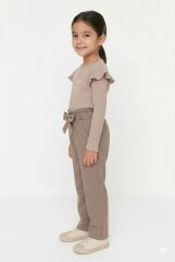 Kız Çocuk Bej Ribana Fırfırlı Üst & Kemerli Pantolon Eşofman Takımı %100 Pamuk 4-5 Yaş