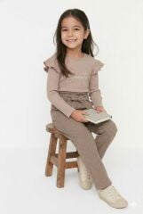 Kız Çocuk Bej Ribana Fırfırlı Üst & Kemerli Pantolon Eşofman Takımı %100 Pamuk 4-5 Yaş