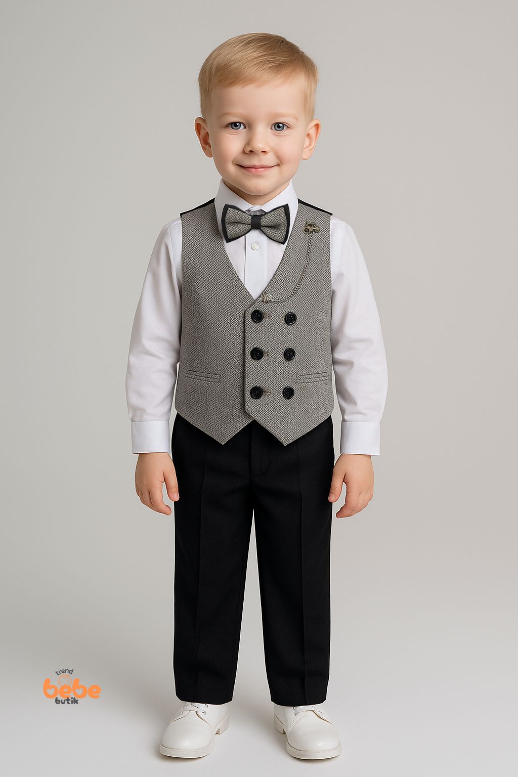 Çocuk Smokin Yelekli Takım Elbise Papyonlu 4’lü Set (Gömlek,Pantolon,Yelek) Düğün,Sünnet,Bayramlık 3 YAŞ