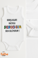 Harçlıkları Hazırla Dedeciğim Ben Geliyorum Yazılı Pamuklu Ribana Çıtçıtlı Zıbın Body Bebek Tulum 36 AY