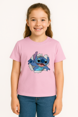 Sevimli Mavi Uzaylı Baskılı Kız Çocuk Tişörtü | Eğlenceli Karakter Desenli Pamuklu Yazlık T-Shirt Pembe