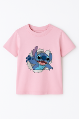 Sevimli Mavi Uzaylı Baskılı Kız Çocuk Tişörtü | Eğlenceli Karakter Desenli Pamuklu Yazlık T-Shirt Pembe