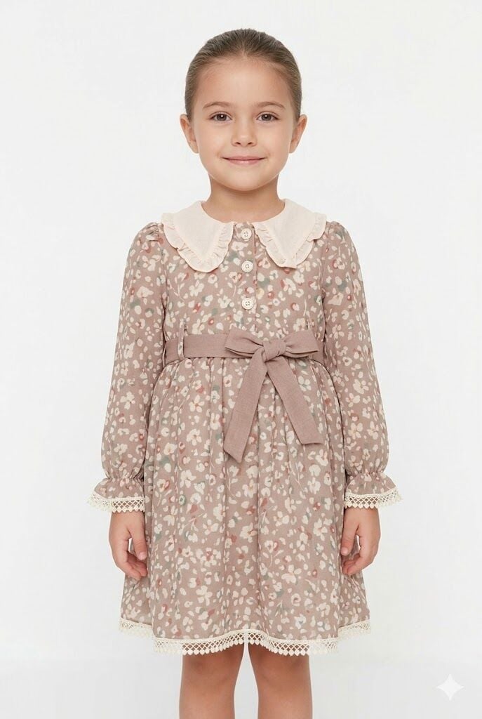 Kız Çocuk Bej Çiçekli Elbise – Fırfırlı Yaka ve Belden Bağlamalı Tasarım 2 Yaş