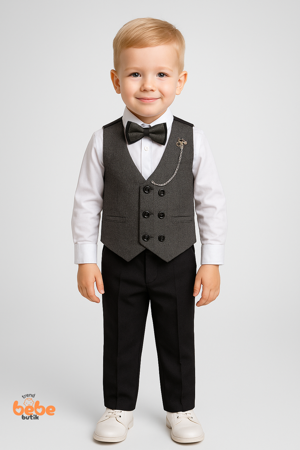 Çocuk Smokin Yelekli Takım Elbise Papyonlu 4’lü Set (Gömlek,Pantolon,Yelek) Düğün,Sünnet,Bayramlık 2 Yaş