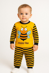 Happy Bee Sarı Siyah Çizgili Erkek Çocuk Pijama Takımı | Pamuklu Uzun Kollu Takım Arı Temalı 18-24 Ay