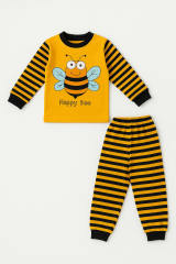 Happy Bee Sarı Siyah Çizgili Erkek Çocuk Pijama Takımı | Pamuklu Uzun Kollu Takım Arı Temalı 18-24 Ay