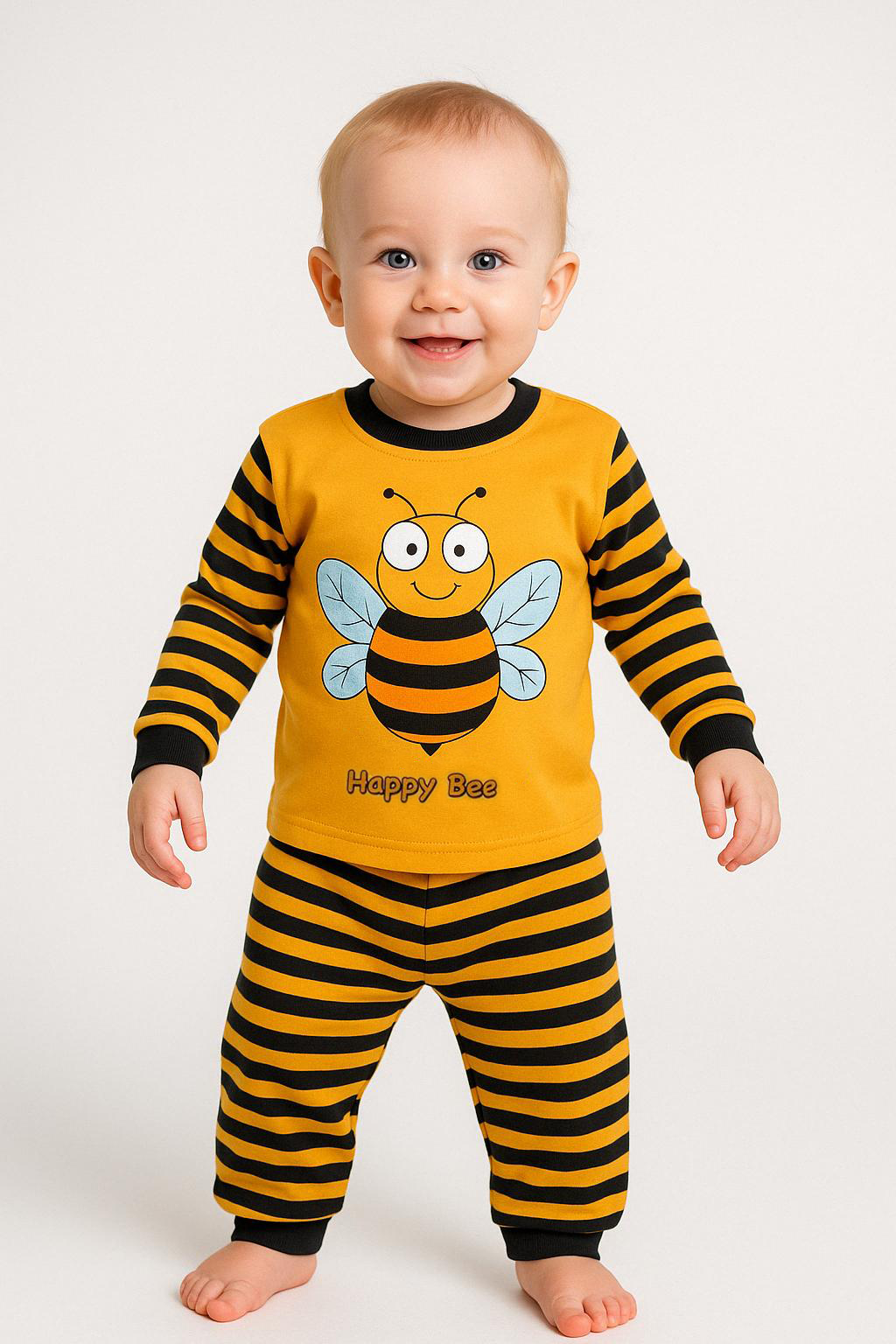Happy Bee Sarı Siyah Çizgili Erkek Çocuk Pijama Takımı | Pamuklu Uzun Kollu Takım Arı Temalı 18-24 Ay