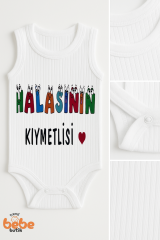 HALASININ KIYMETLİSİ Yazılı 6-36 Ay %100 Pamuk Ribana Çıtçıtlı Zıbın Bebek Body Tulum 36 AY