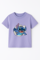 Sevimli Mavi Uzaylı Baskılı Kız Çocuk Tişörtü | Eğlenceli Karakter Desenli Pamuklu Yazlık T-Shirt Lila 7-8 Yaş