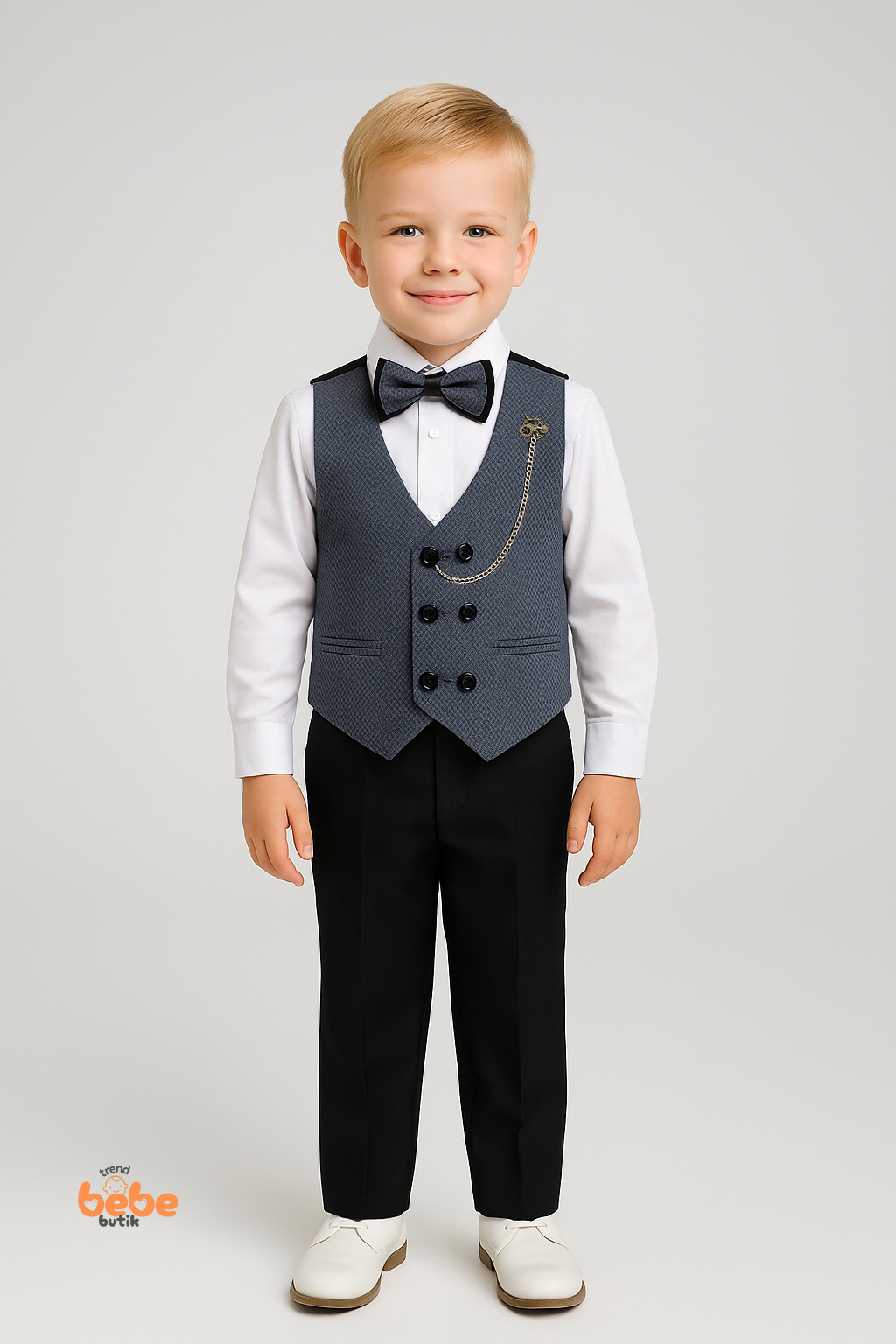 Erkek Çocuk Damatlık Takım–Papyonlu Yelekli 4’lü Set (Gömlek, Pantolon, Yelek)–Şık Özel Gün Kıyafeti