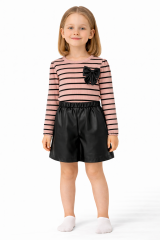 Kız Çocuk Çizgili Fiyonklu Takım – Çizgili Bluz & Deri Görünümlü Şort 3 YAŞ