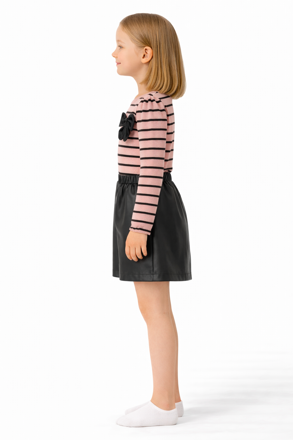 Kız Çocuk Çizgili Fiyonklu Takım – Çizgili Bluz & Deri Görünümlü Şort 3 YAŞ