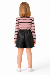 Kız Çocuk Çizgili Fiyonklu Takım – Çizgili Bluz & Deri Görünümlü Şort 3 YAŞ