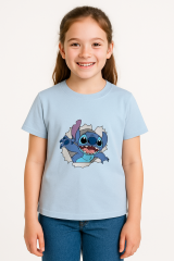 Sevimli Mavi Uzaylı Baskılı Kız Çocuk Tişörtü | Eğlenceli Karakter Desenli Pamuklu Yazlık T-Shirt Açık Mavi 7-8 Yaş