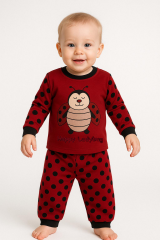 Kırmızı Uğur Böceği Desenli Unisex Çocuk Pijama Takımı | Pamuklu Uzun Kollu Esnek Bel Alt Üst Takım 18-24 Ay