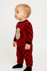 Kırmızı Uğur Böceği Desenli Unisex Çocuk Pijama Takımı | Pamuklu Uzun Kollu Esnek Bel Alt Üst Takım 18-24 Ay