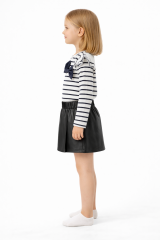 Kız Çocuk Beyaz Çizgili Fiyonklu Takım – Çizgili Bluz & Deri Şort 4 YAŞ