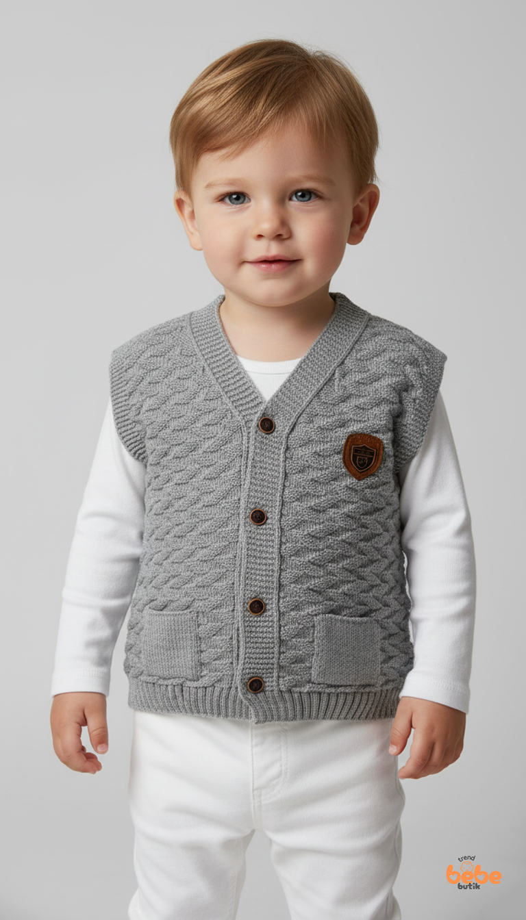 Erkek Bebek Örgü Yelek Düğmeli Cepli Triko Süveter Armalı Gri Yelek