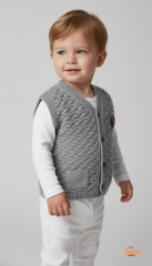 Erkek Bebek Örgü Yelek Düğmeli Cepli Triko Süveter Armalı Gri Yelek 3 YAŞ