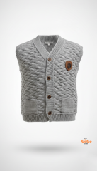 Erkek Bebek Örgü Yelek Düğmeli Cepli Triko Süveter Armalı Gri Yelek 3 YAŞ