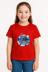 Sevimli Mavi Uzaylı Baskılı Kız Çocuk Tişörtü | Eğlenceli Karakter Desenli Pamuklu Yazlık T-Shirt Kırmızı 5-6 Yaş