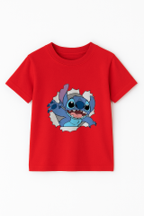 Sevimli Mavi Uzaylı Baskılı Kız Çocuk Tişörtü | Eğlenceli Karakter Desenli Pamuklu Yazlık T-Shirt Kırmızı 5-6 Yaş