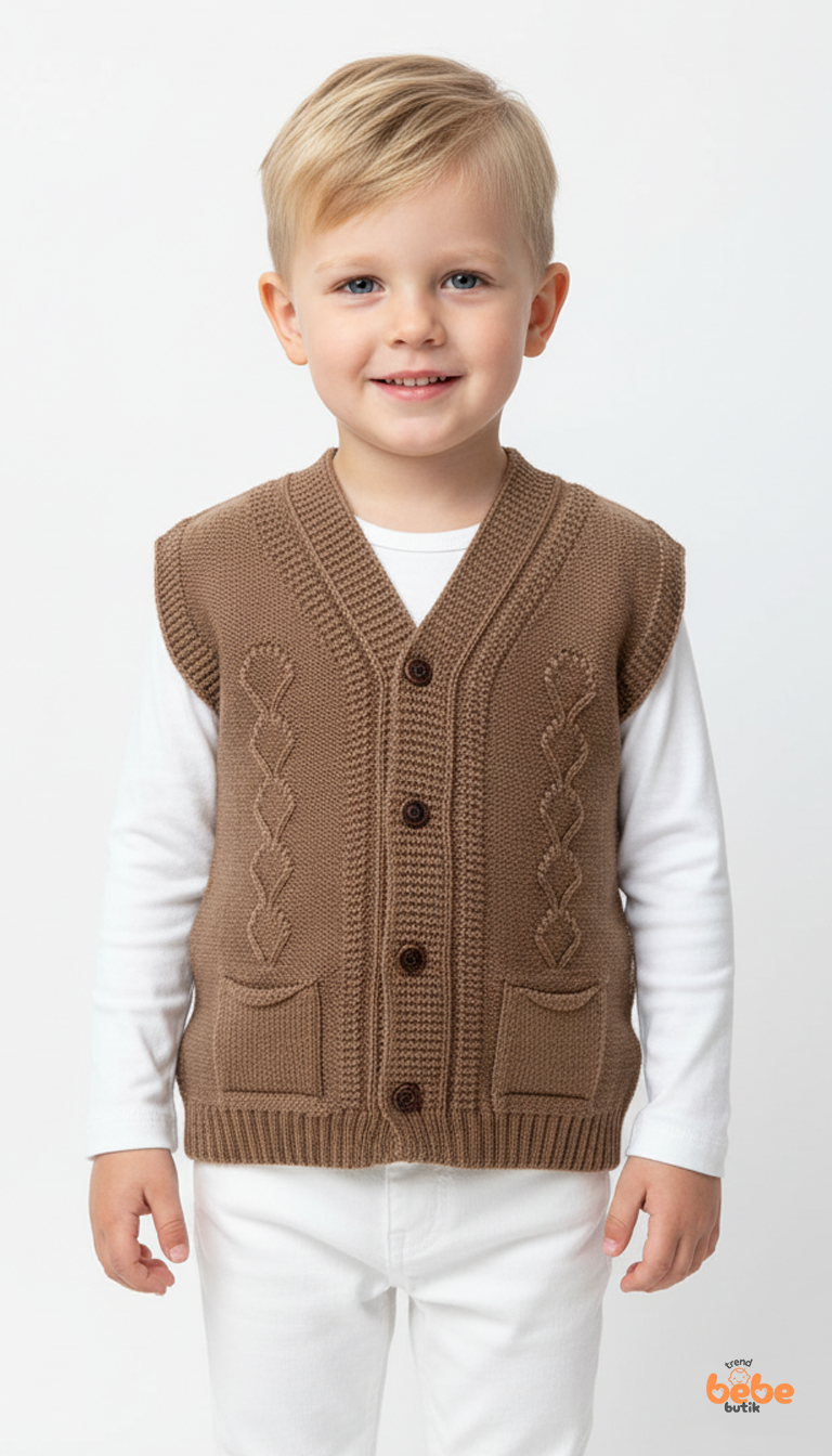 Erkek Çocuk Kahverengi Örgü Yelek Düğmeli Cep Detaylı Triko Süveter Rahat Günlük Şık Yelek