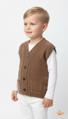 Erkek Çocuk Kahverengi Örgü Yelek Düğmeli Cep Detaylı Triko Süveter Rahat Günlük Şık Yelek