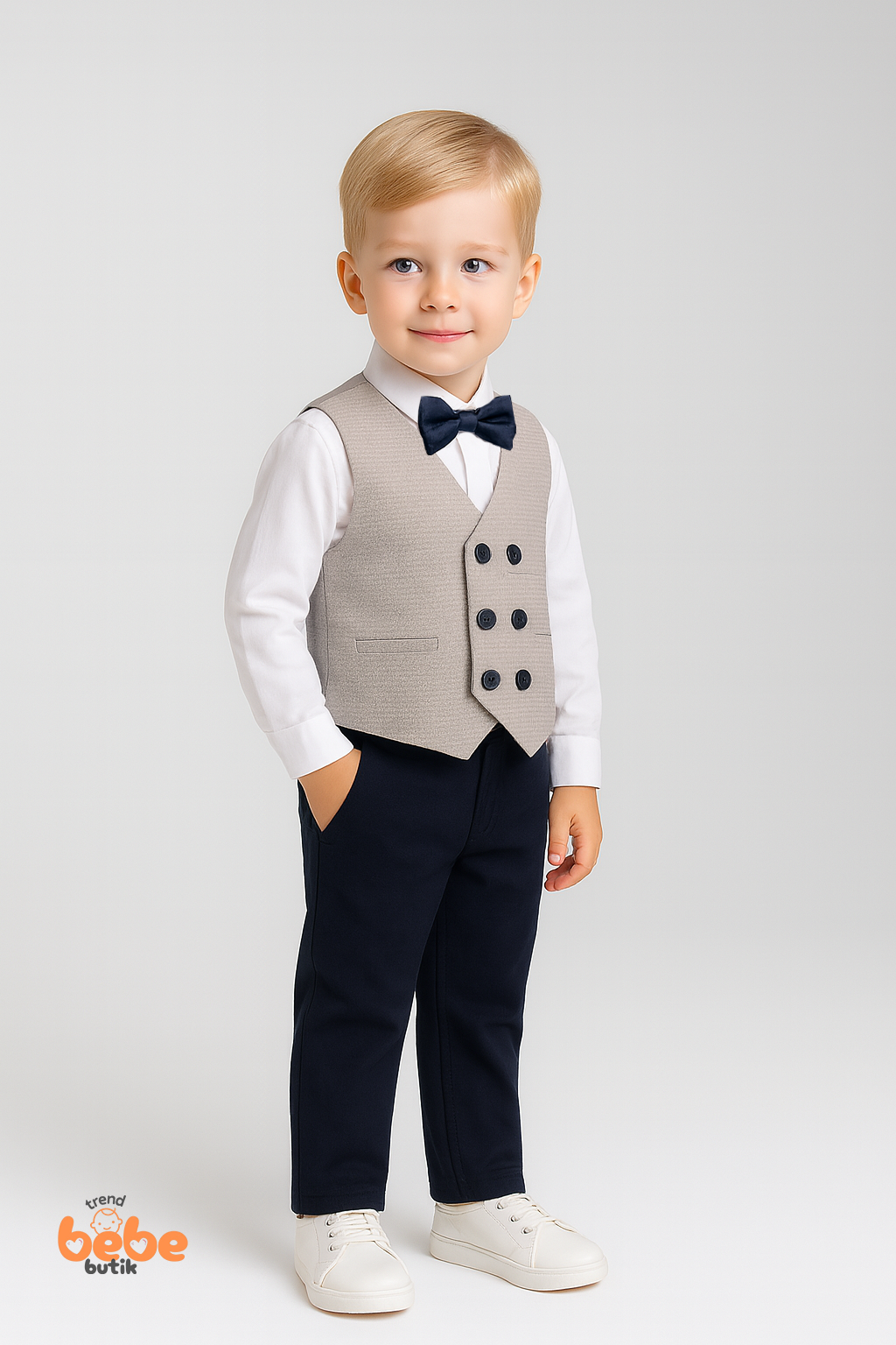 Erkek Çocuk Damatlık Takım 4’lü Set –Papyonlu Yelek, Gömlek ve Pantolon –Düğün ve Özel Gün 1 Yaş